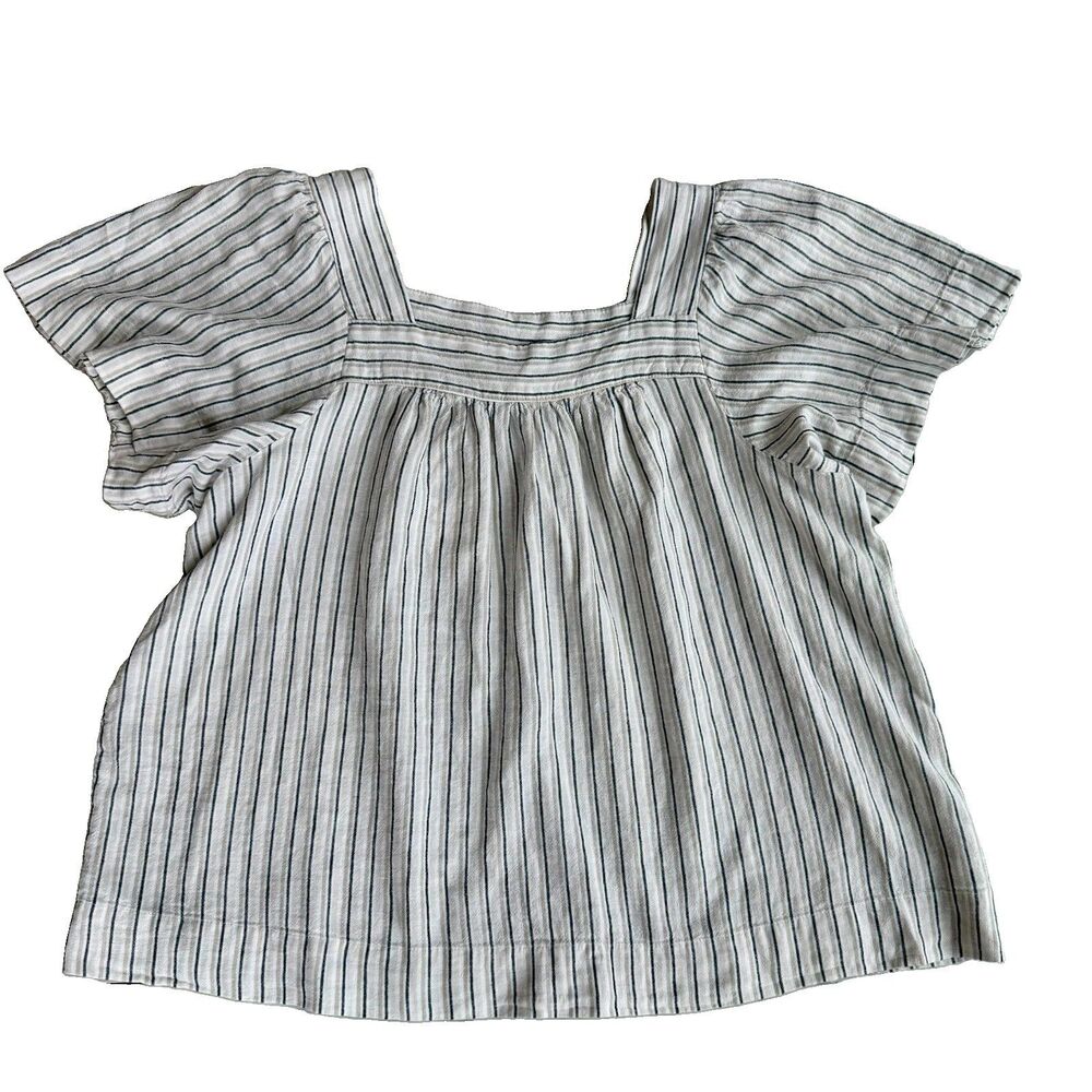 New ECOTHREADS Linen Blend Blouse Sz XL Striped Boho Beach Coastal Square Neck